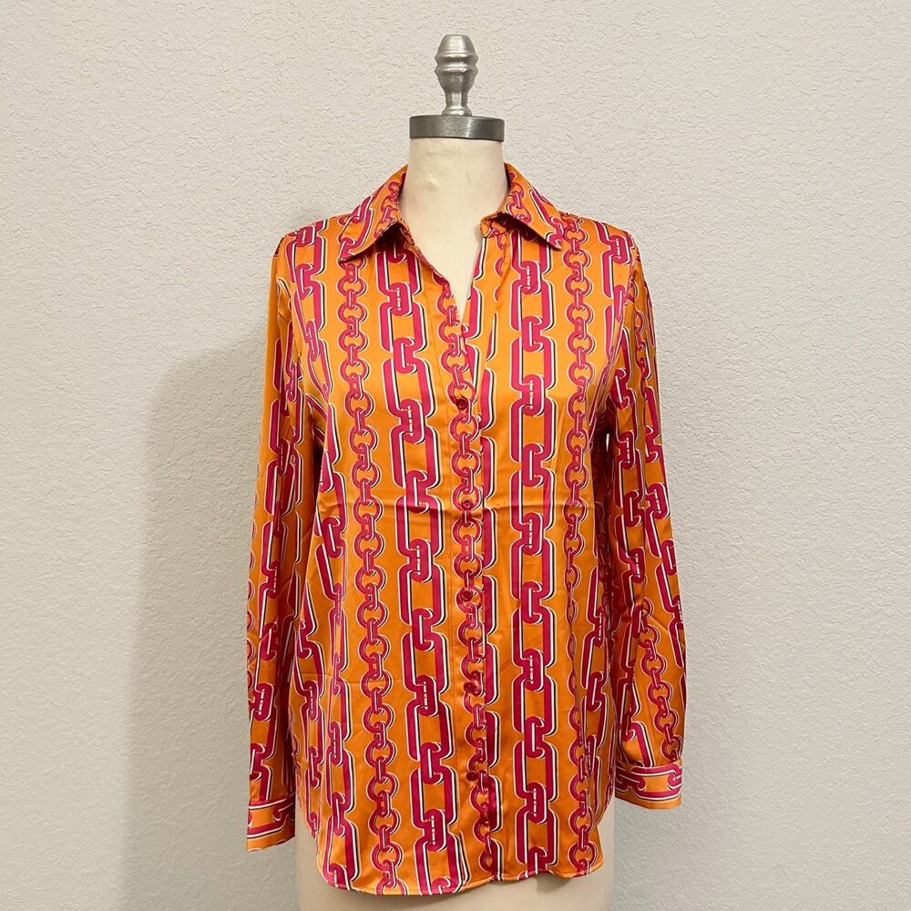 MAISON D’AMELIE Top Orange Red Chain Print Button Up Blouse NWT